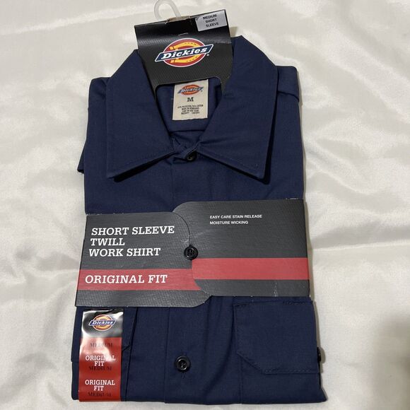 Dickies Mens Short Sleeve Twill Work Shirt Medium M Navy Blue Moisture Wicking - Picture 1 of 12